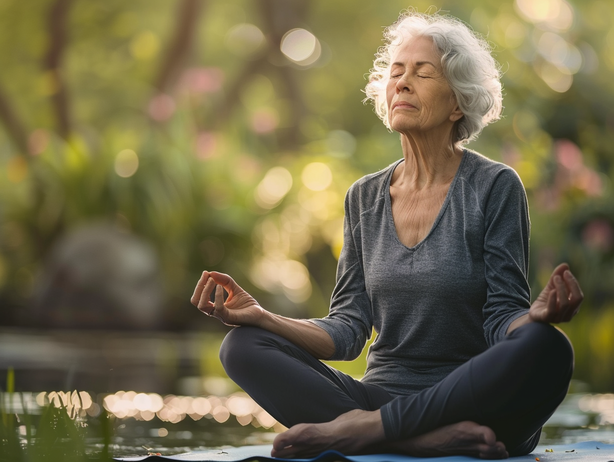 Людина різного віку практикує йогу на природі
