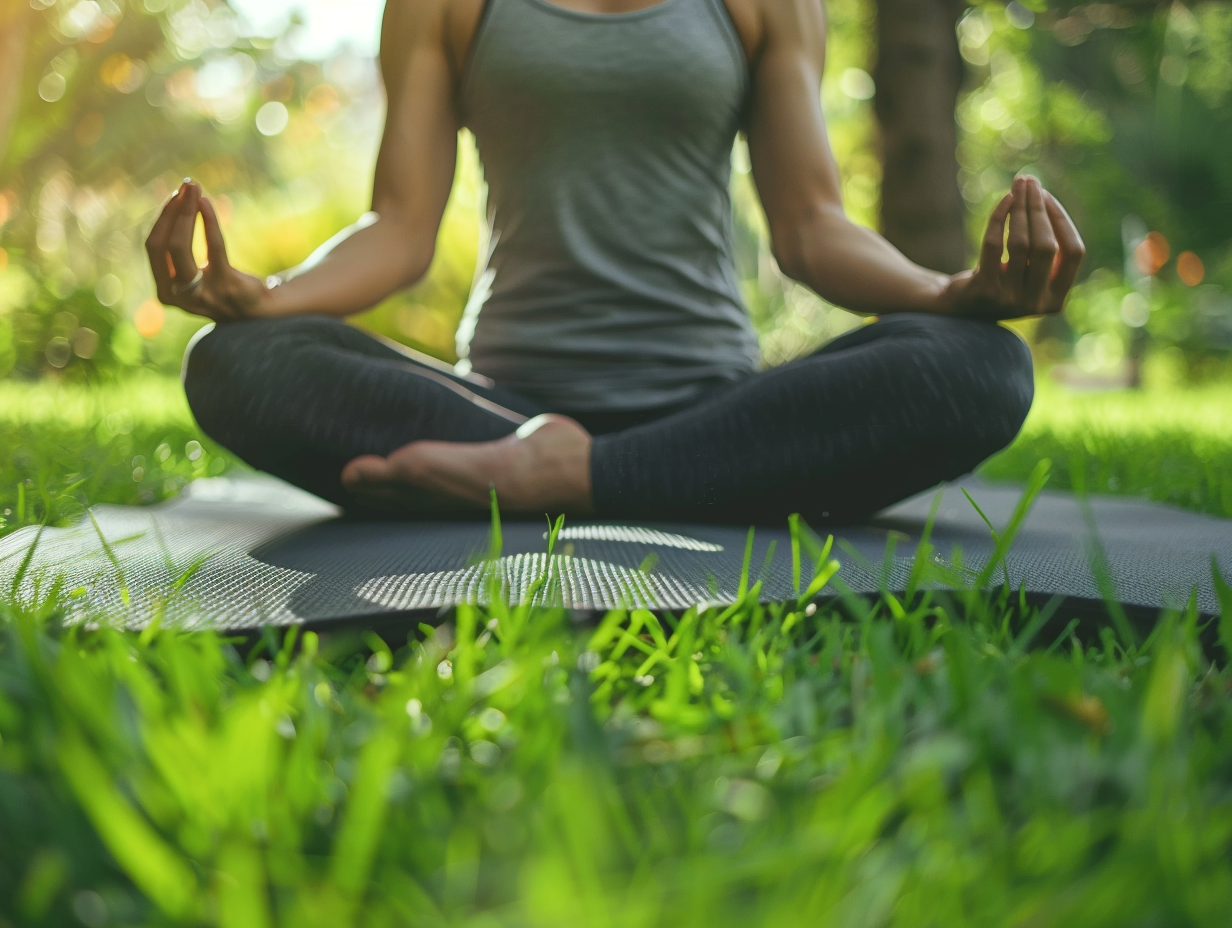 Старша жінка медитує в спокійному місці